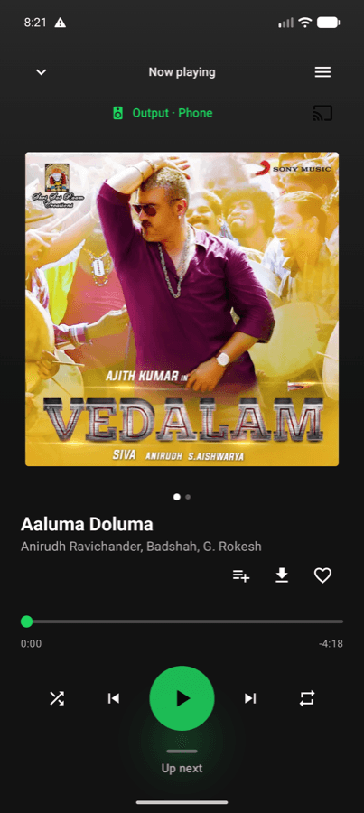 Now playing screen